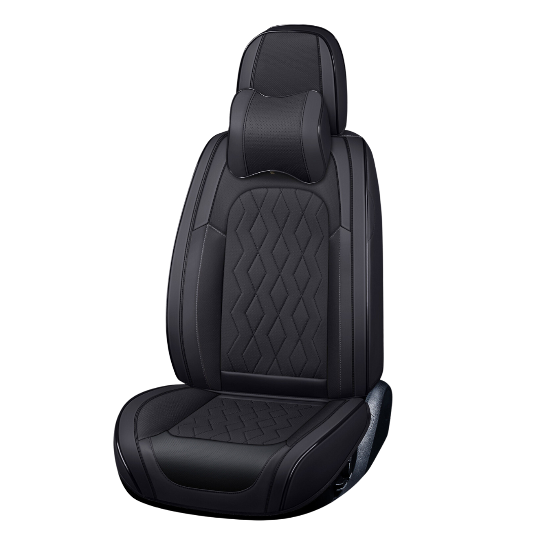 A 5-seat universal car seat cover set in black color with diamond pattern stitching, including headrest pillows.