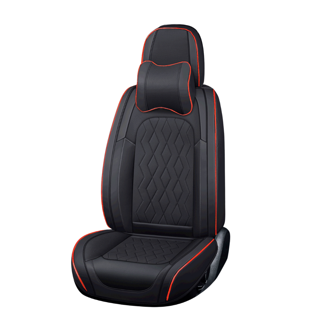 A 5-seat universal car seat cover set in black and red color with diamond pattern stitching, including headrest pillows.