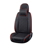 A 5-seat universal car seat cover set in black and red color with diamond pattern stitching, including headrest pillows.
