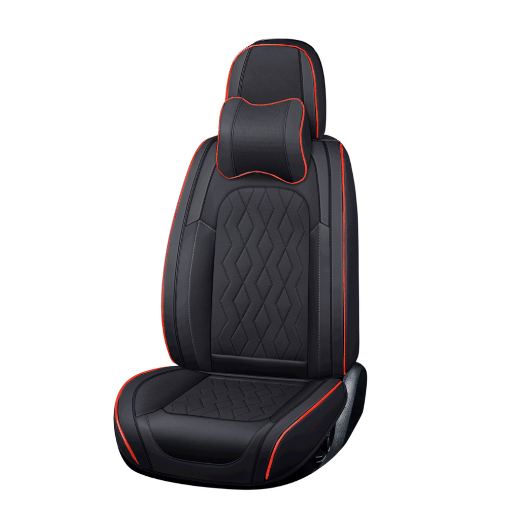 A 5-seat universal car seat cover set in black and red color with diamond pattern stitching, including headrest pillows.