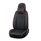 A 5-seat universal car seat cover set in black and red color with diamond pattern stitching, including headrest pillows.