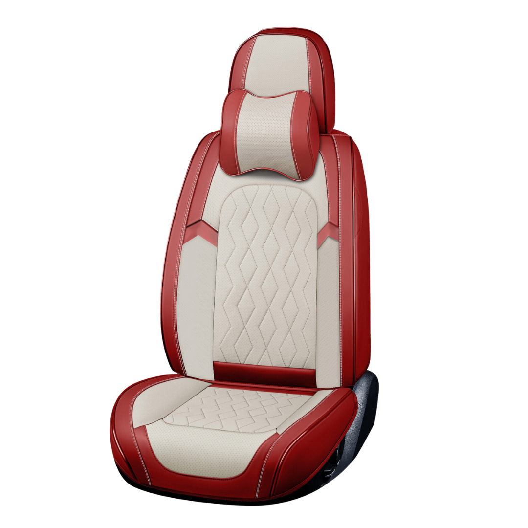A 5-seat universal car seat cover set in White and red color with diamond pattern stitching, including headrest pillows.