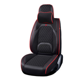 A 5-Seat Universal Car Seat Cover set displayed on a car seat, consisting of beige and brown faux leather with fabric padding.