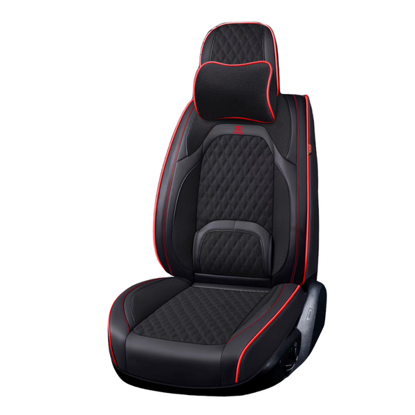 A 5-Seat Universal Car Seat Cover set displayed on a car seat, consisting of beige and brown faux leather with fabric padding.
