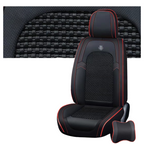 A set of black faux leather car seat covers with red stitching, including a front seat cover, rear seat covers, and a headrest pillow.