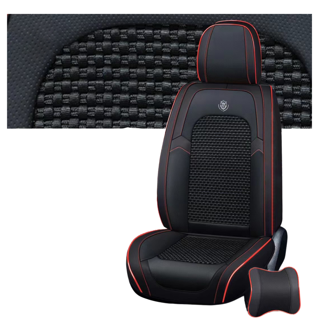 A set of black faux leather car seat covers with red stitching, including a front seat cover, rear seat covers, and a headrest pillow.